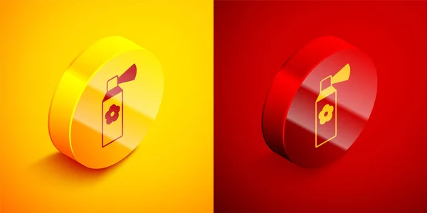 Isometric Air freshener spray bottle icon isolated on orange and red background. Air freshener aerosol bottle. Circle button. Vector — Vettoriale Stock
