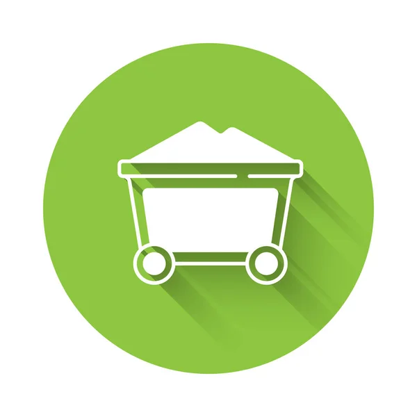 White Mine coal trolley icon isolated with long shadow background. Green circle button. Vector — Vettoriale Stock