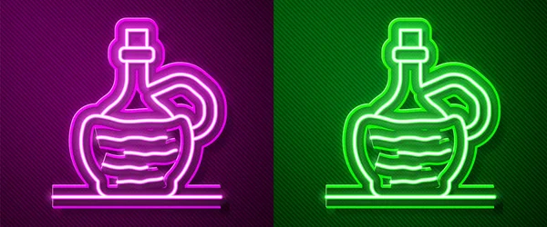 Ragyogó neon vonal Bor olasz fiaskó palack ikon elszigetelt lila és zöld alapon. Borosüveg egy rattan állványon. Vektor — Stock Vector