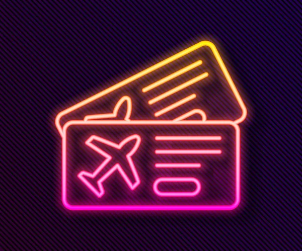 Leuchtendes neonfarbenes Airline-Ticketsymbol auf schwarzem Hintergrund. Flugticket. Vektor — Stockvektor