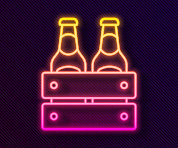 Leuchtende Leuchtschrift Packung Bierflaschen Symbol isoliert auf schwarzem Hintergrund. Holzkiste und Bierflaschen. Kästen-Bierkastenschild. Vektor — Stockvektor