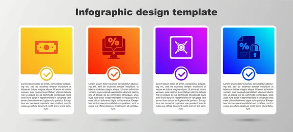 Establecer pilas de papel dinero en efectivo, Porcentaje de descuento y monitor, Seguro y Finanzas de bloqueo de documentos. Plantilla de infografía empresarial. Vector — Vector de stock