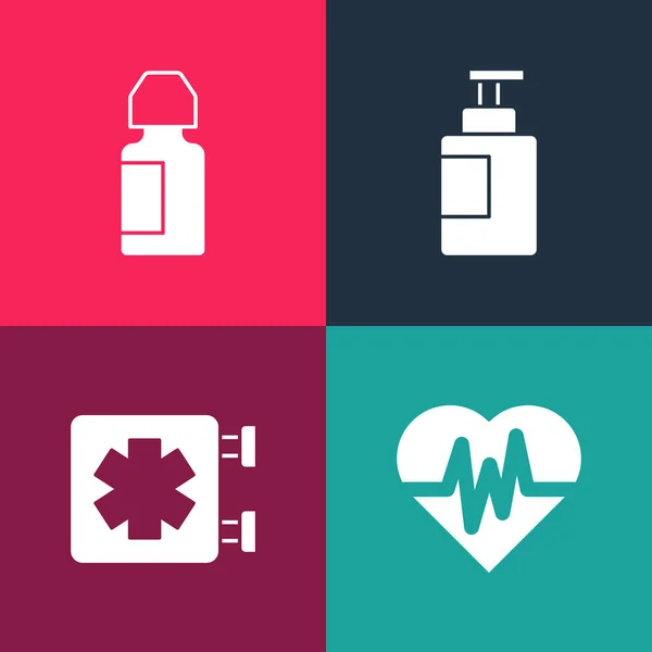 Set pop art Heart rate, Medical symbol of the Emergency, Hand sanitizer bottle and Eye drop icon. Vector — Stock Vector