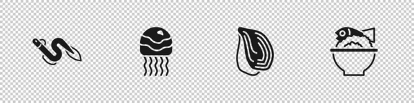 Set Eel fish, Jellyfish, Mussel and Served on a bowl icon. Vector — Vetor de Stock
