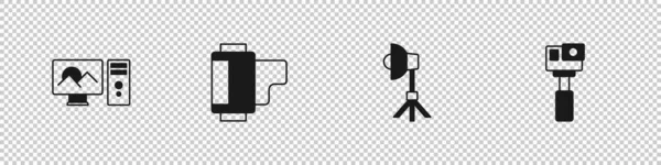 Impostare il ritocco della foto, la cartuccia del rullo della fotocamera, la luce Softbox e l'icona della fotocamera Azione. Vettore — Vettoriale Stock