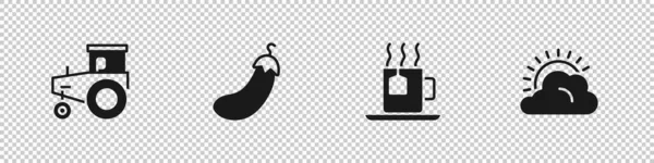 Set Tractor, Eggplant, Cup of tea with tea bag and Sun and cloud weather icon. Vector — 스톡 벡터