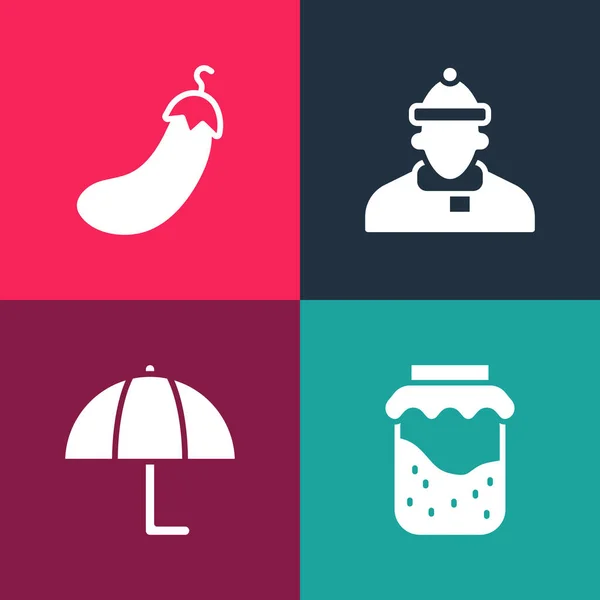 Set pop art Jam pot, paraplu, Herfst kleding en aubergine icoon. Vector — Stockvector