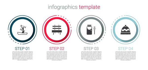 Set Bare tree, Bench, Jar of honey and dipper stick and Winter hat. Business infographic template. Vector — Stock Vector