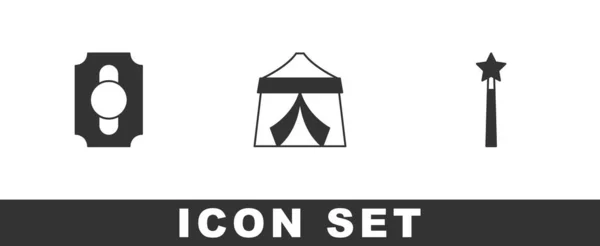 Zet Circus ticket, tent en toverstaf icoon. Vector — Stockvector