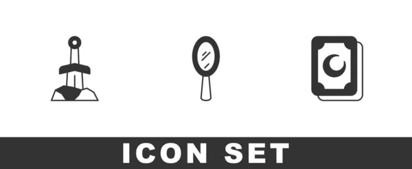 Set Sword in the stone, Magic hand mirror and Tarot cards icon. Vector — Vector de stock