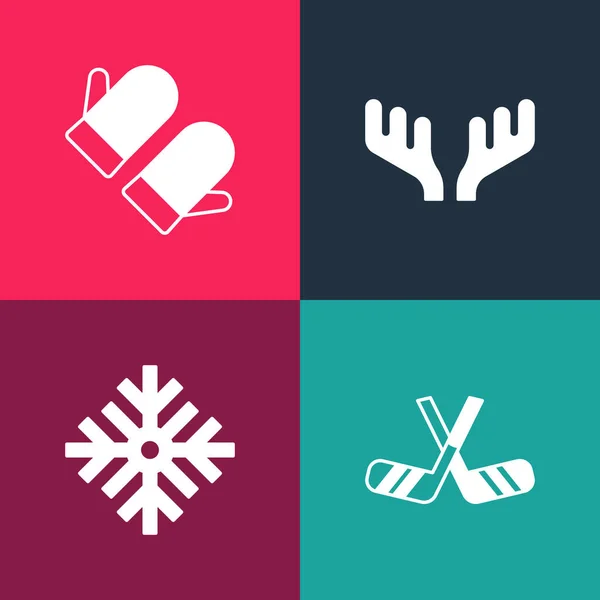 Set pop art Ice hockey sticks, Snowflake, Deer antlers and Christmas mitten icon. Vector — Vetor de Stock