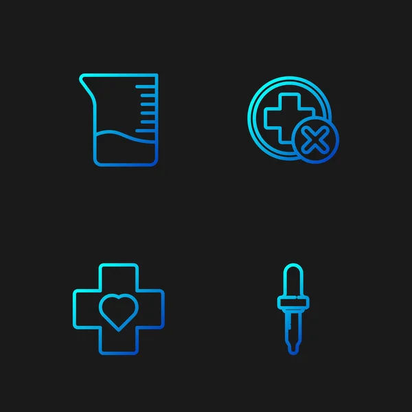 Set line Pipette, Heart with a cross, Measuring cup and Cross hospital medical. Gradient color icons. Vector — стоковый вектор