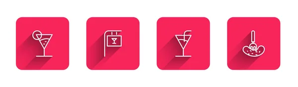 Set-Line-Martini-Glas, Straßenschild mit Bar, Cocktail und eingelegten Gurken auf Gabel mit langem Schatten. Rote quadratische Taste. Vektor — Stockvektor