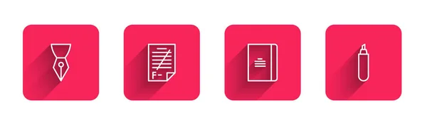 Set line Füllfederfeder, Prüfungsarbeit mit falschen Antworten, Spiralheft und Marker mit langem Schatten. Rote quadratische Taste. Vektor — Stockvektor