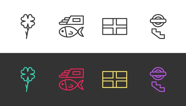 Set line Four leaf clover, Fish and chips, Flag of England and London underground on black and white. Vector — 스톡 벡터