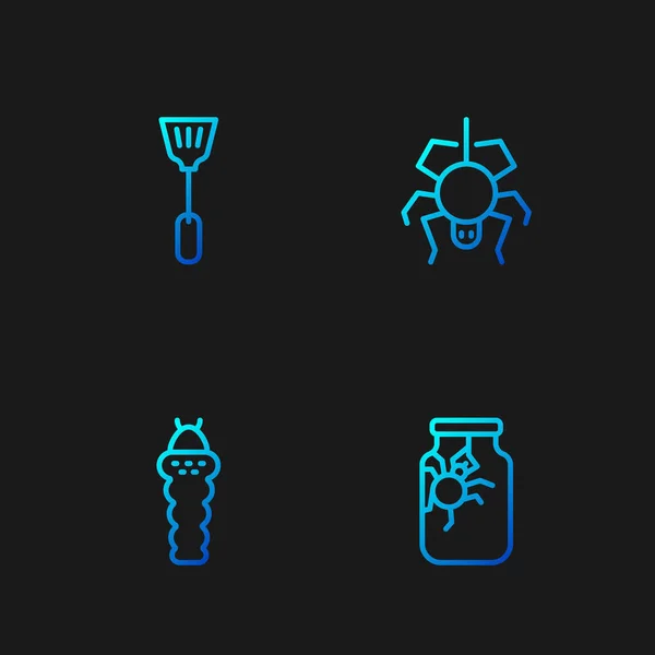 Set line Spider in jar, Larva insect, Fly swatter and . Gradient color icons. Vector — 스톡 벡터