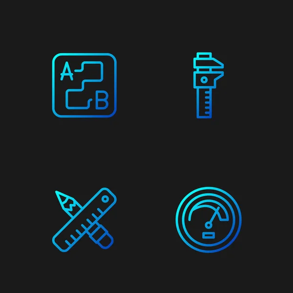 Set line Speedometer, Crossed ruler and pencil, Route location and Calliper or caliper scale. Gradient color icons. Vector — 스톡 벡터