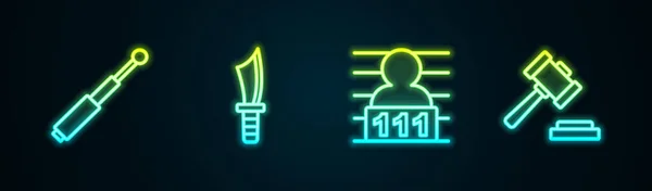 Set line Telescopic baton, Military knife, Suspect criminal and Judge gavel. Glowing neon icon. Vector — Stock Vector