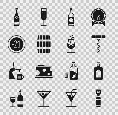 Şişe açacağı, viski şişesi, şarap tirbuşonu, bira fıçısı, tahta fıçı, alkol 21 artı şampanya ve kokteyl ikonu. Vektör