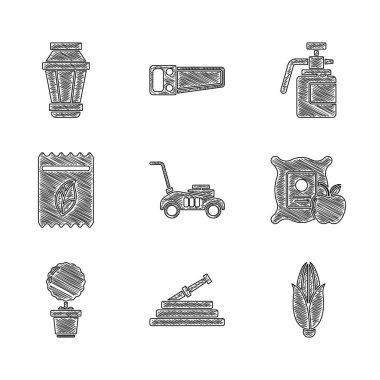 Set Lawn mower, Garden hose or fire hose, Corn, Apple in the sack, Flower pot, Pack full of seeds of plant, sprayer for fertilizer and light lamp icon. Vector
