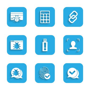 USB flash diski, parmak izini, işaret baloncuğunu, yüz tanıma sistemini, sistem hatasını, zincir bağlantısını ve kredi kartı simgesini ayarla. Vektör