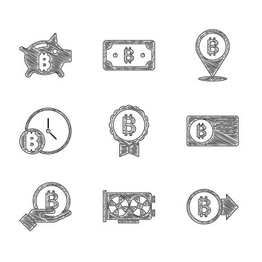 Bitcoin, Video grafik kartı, Bitcoin 'li kredi kartı, el ele tutuşmalar, saat ve Piggy Bank ikonu. Vektör