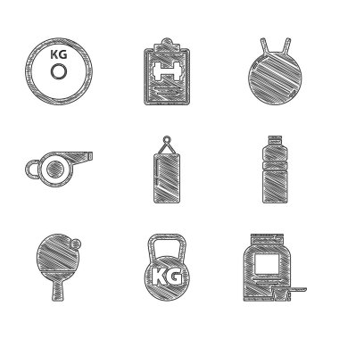 Kum torbası, kettlebell, spor besleyici, fitness karıştırıcı, raket ve top, ıslık ve ağırlık tabağı ikonu. Vektör