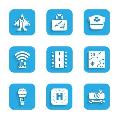 Havaalanı pisti, helikopter iniş pisti, yakıt tankeri, dünya seyahati haritası, sıcak hava balonu, Wi-Fi sinyali, Pilot şapkası ve Jet savaş ikonu. Vektör