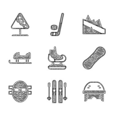Kayak, kayak ve sopalar, hokey kaskı, Snowboard, maske, kızak, dağ inişi ve yol işareti çığ ikonu. Vektör