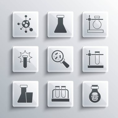 Test tüpü ve matarayı, şişedeki zehri, ayakta durmayı büyüteç, kimyasal patlama, molekül ve ikon altında mikroorganizmaları ayarla. Vektör