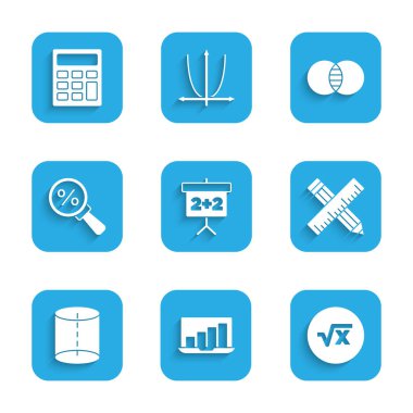 Tebeşir tahtası, grafik grafikli dizüstü bilgisayar, x sembolünün kare kökü, çapraz cetvel ve kalem, geometrik figür, büyüteç yüzde, Matematik setleri A B ve Hesap makinesi simgesi. Vektör