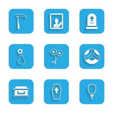 Flower 'ı, Coffin' i haçla, Christian 'ı zincirle, çelengi, vazoyu, mezar taşını ve Scythe ikonunu hazırla. Vektör