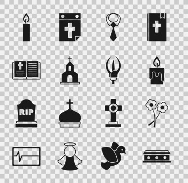 Tabut 'u haç, çiçek, yanan mum, kravat, kilise binası, kutsal İncil kitabı ve çiçek ikonu ile ayarla. Vektör