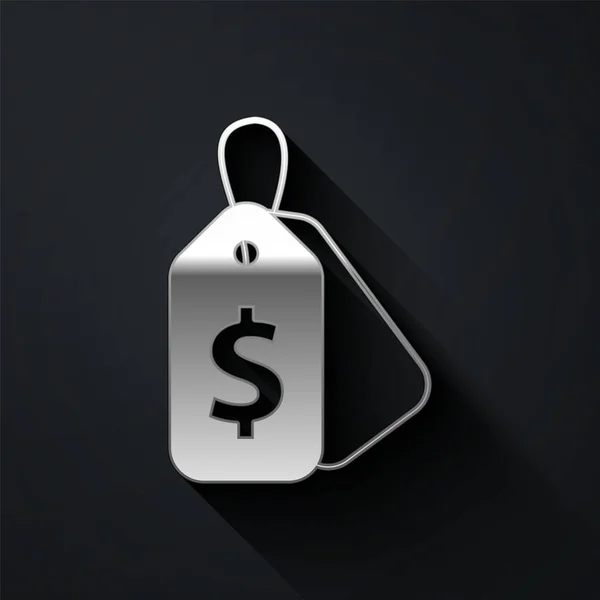 Silver Price tag met een inscriptie Sale icoon geïsoleerd op zwarte achtergrond. Badge voor de prijs. Promo tag korting. Lange schaduw stijl. Vector — Stockvector
