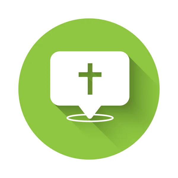 White Map pin church building icon isolated with long shadow background. Christian Church. Religion of church. Green circle button. Vector — ストックベクタ