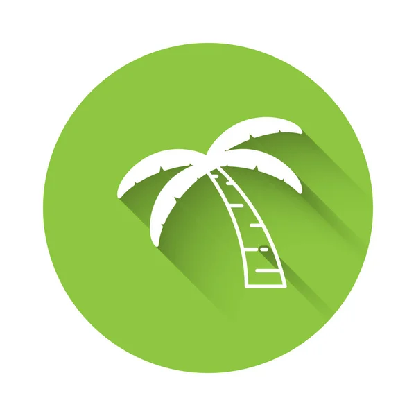 White Tropical palm tree icon isolated with long shadow background. Coconut palm tree. Green circle button. Vector — Stockový vektor