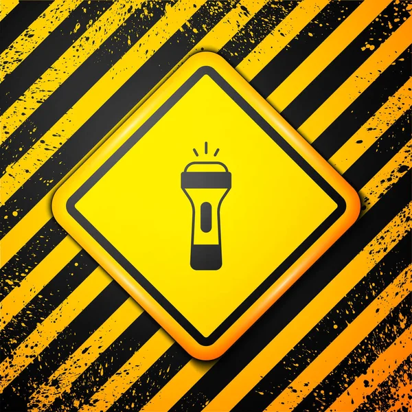 Icono de linterna negra aislado sobre fondo amarillo. Señal de advertencia. Vector — Archivo Imágenes Vectoriales