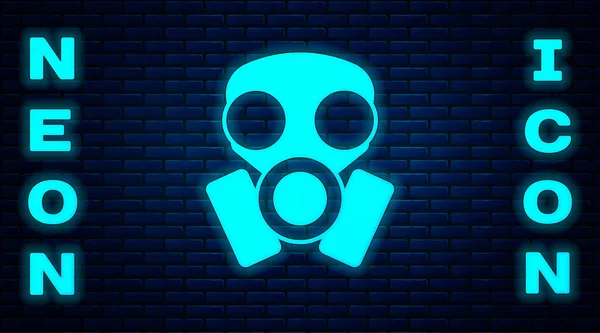 Glödande neon Gas mask ikon isolerad på tegel vägg bakgrund. Andningsskylt. Vektor — Stock vektor
