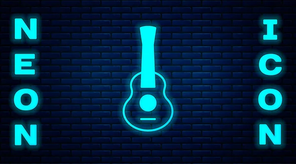 Leuchtende Neon Guitar Ikone isoliert auf Backsteinwand Hintergrund. Akustische Gitarre. Saiteninstrument. Vektor — Stockvektor