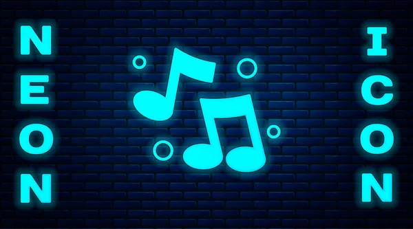 Glowing neon Music note, tone icon isolated on brick wall background. Vector — Stock Vector