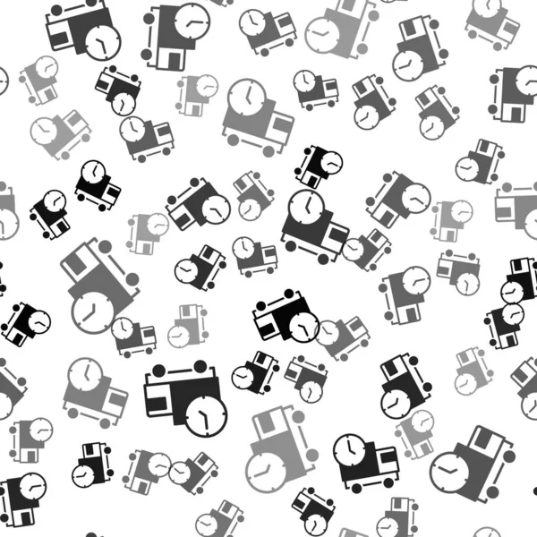 Siyah Lojistik dağıtım kamyonu ve zaman ikonu beyaz arka planda kusursuz desen izole etti. Teslimat zamanı ikonu. Vektör