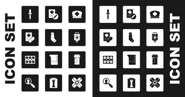 Set Nurse hat with cross, Inhaler, Medical prescription, Pipette, IV bag, Medicine bottle and Pills blister pack icon. Vector — Archivo Imágenes Vectoriales