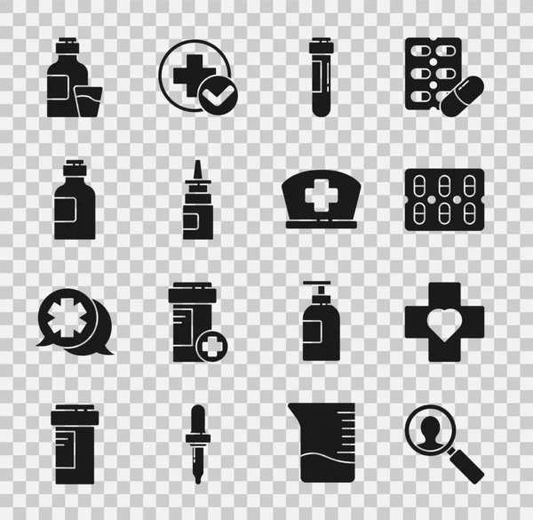 Tıbbi analizi, haçlı kalbi, su toplamalı hapları test tüpündeki kanı, ilaç şurubu şişe burun spreyini ve hemşire şapkası ikonunu ayarla. Vektör