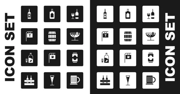 Definir garrafa de vinho com vidro, barril de madeira, Street signboard Bar, Copo de vodka, Cocktail, Whiskey, lata de cerveja e Vodka pimenta e ícone. Vetor —  Vetores de Stock