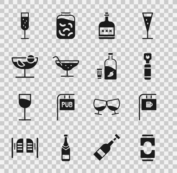 Bira kutusu, bar, şişe açacağı, alkol şişesi, kokteyl, kokteyl, şampanya, votka biber ve cam ikonu olan tabela. Vektör