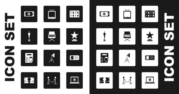 Set Online play video, Director movie chair, Movie trophy, Retro tv, Cinema ticket and poster icon. Vector — Stockvektor