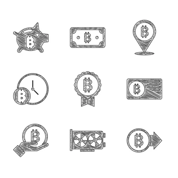 Bitcoin, Video grafik kartı, Bitcoin 'li kredi kartı, el ele tutuşmalar, saat ve Piggy Bank ikonu. Vektör