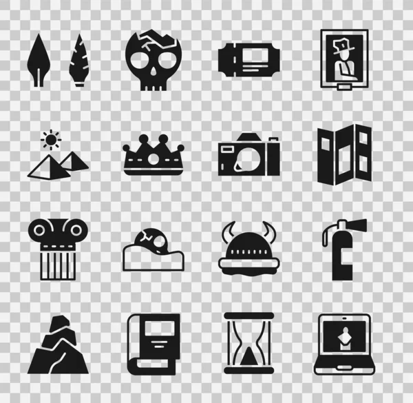 Online müze, yangın söndürücü, müze rehberi broşürü, bilet, kral tacı, Mısır piramitleri, taş devri ok başı ve fotoğraf makinesi ikonu. Vektör
