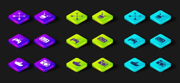 Set Toy boat, Photo camera, Gamepad, piano, Drum with drum sticks and Arrow sucker tip icon. Vector — Stockový vektor