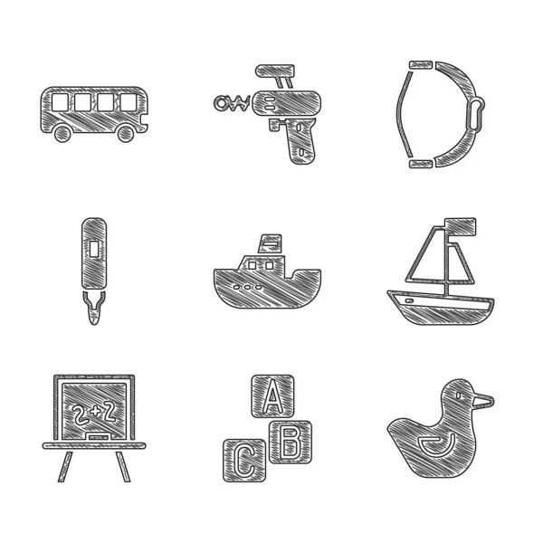 Set Toy boat, ABC blocks, Rubber duck, Chalkboard, Marker pen, Bow toy and Bus icon. Vector — ストックベクタ